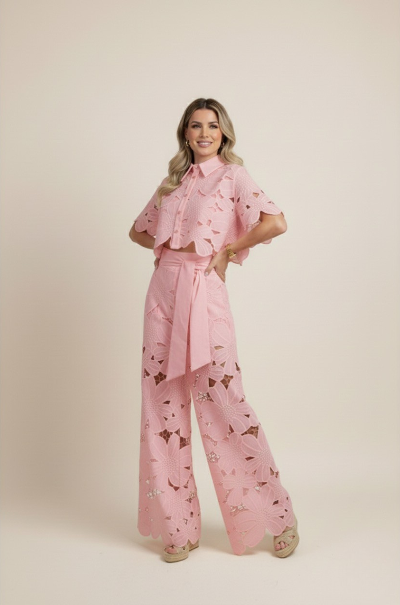 Women's Lace Two Piece Set - Crop Shirt and Wide Leg Pants