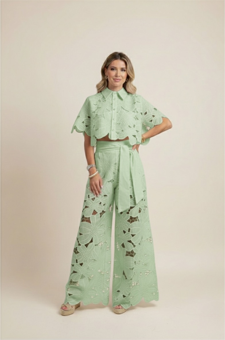 Women's Lace Two Piece Set - Crop Shirt and Wide Leg Pants