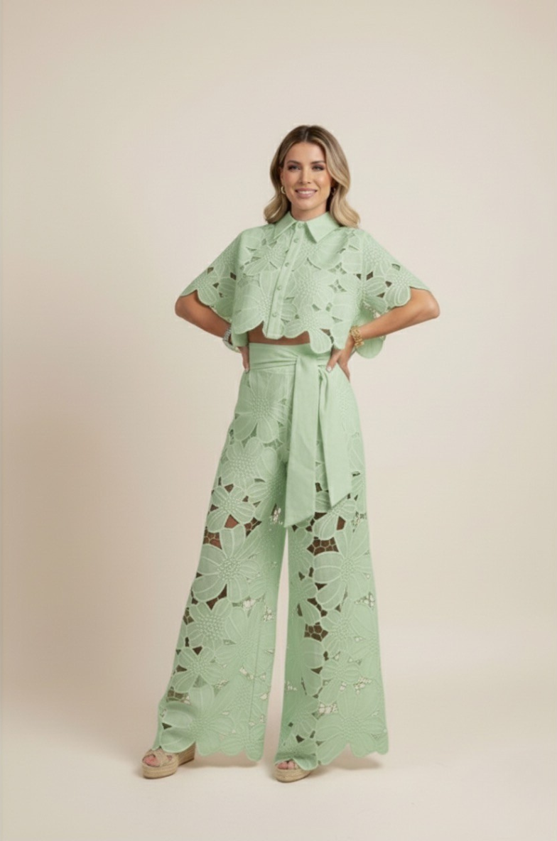 Women's Lace Two Piece Set - Crop Shirt and Wide Leg Pants