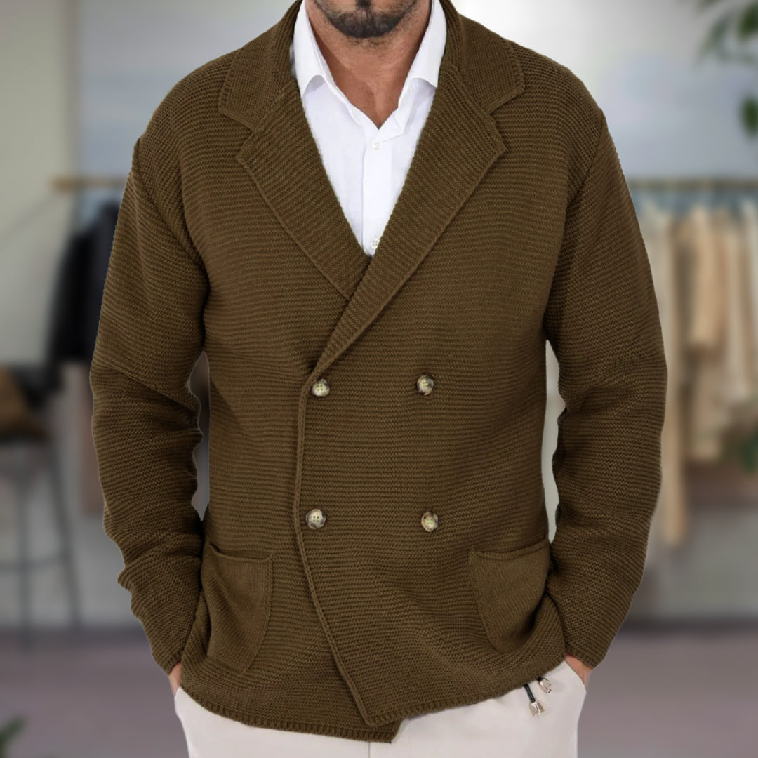 Men's Double Breasted Knitted Cardigan - Notch Lapel Long Sleeve Knit Jacket with Patch Pockets