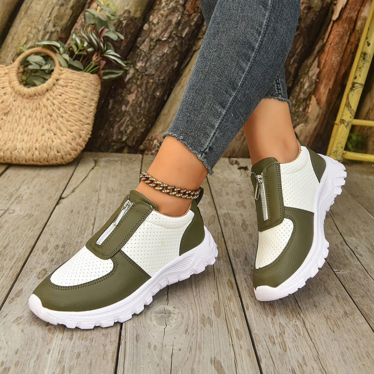 Women's Zip-Up Casual Sneakers - Colour Block Perforated Upper with Chunky Platform Sole