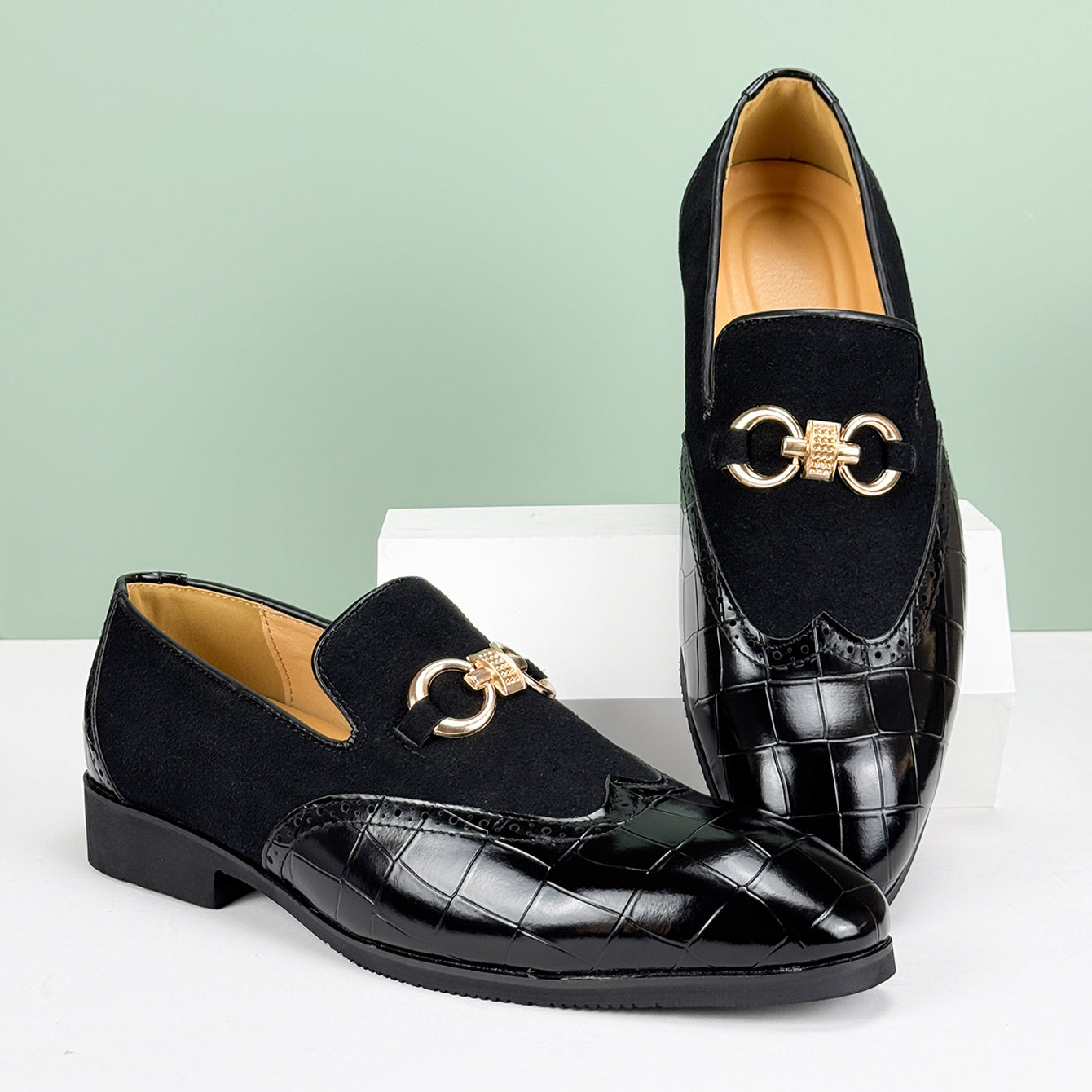 Men's Loafers - Slip On Dress Shoes with Brogue Detail - Metal Horsebit Buckle