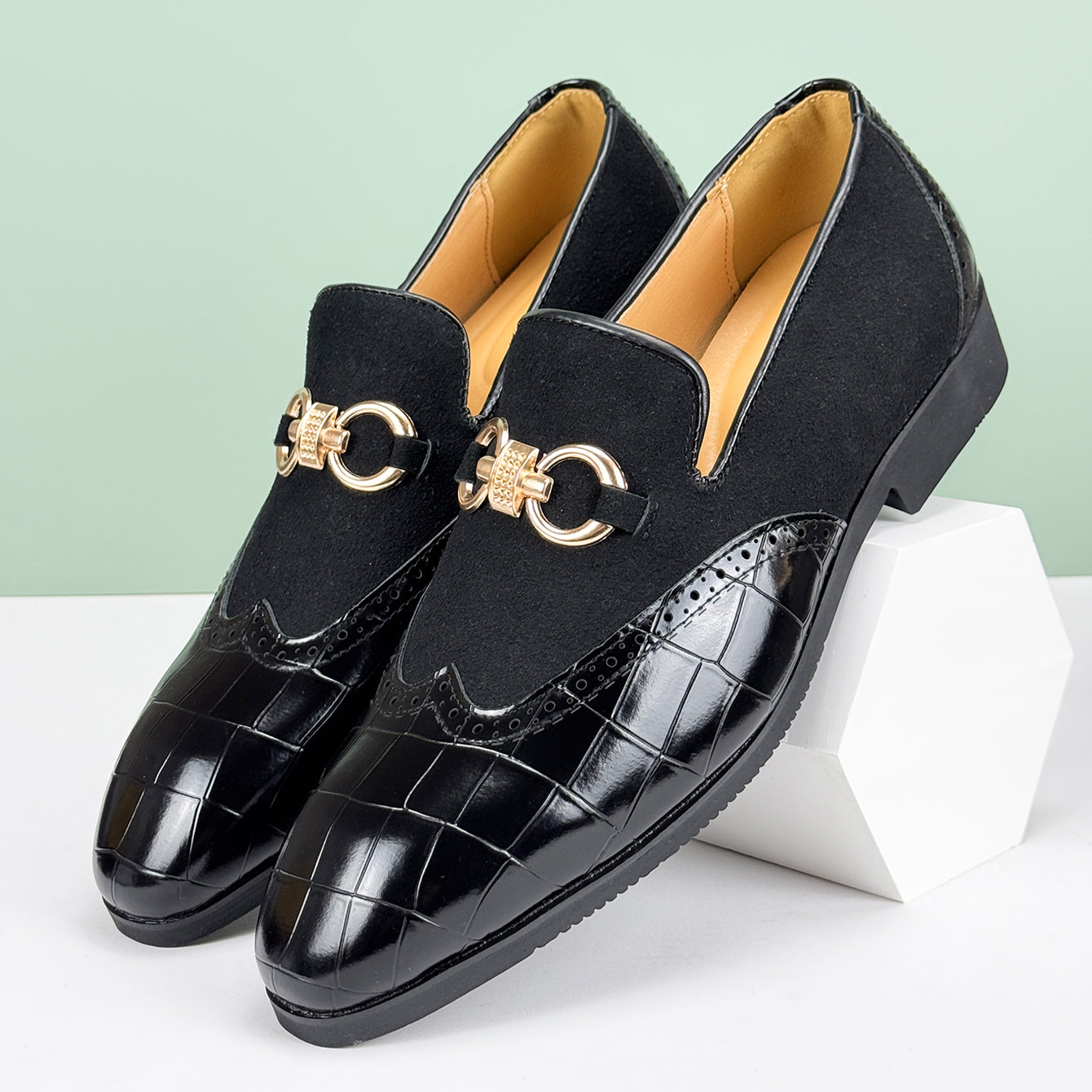 Men's Loafers - Slip On Dress Shoes with Brogue Detail - Metal Horsebit Buckle
