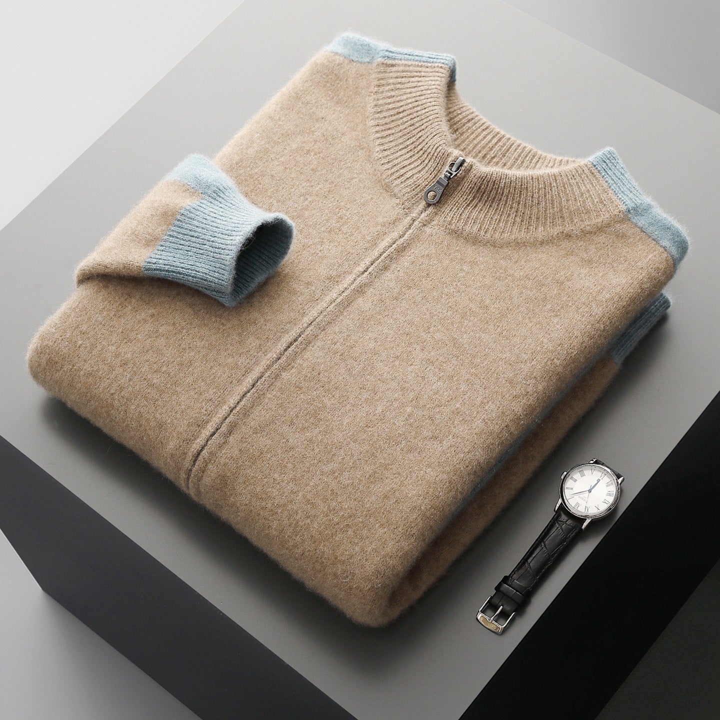 Men's Cardigan - Zip Up Knit Jumper with Colour Block Panels and Ribbed Cuffs