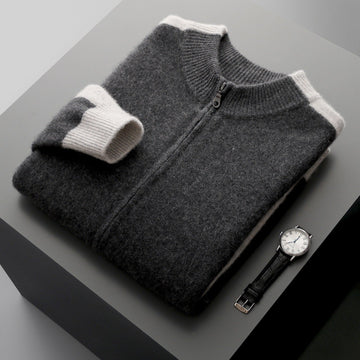 Men's Cardigan - Zip Up Knit Jumper with Colour Block Panels and Ribbed Cuffs