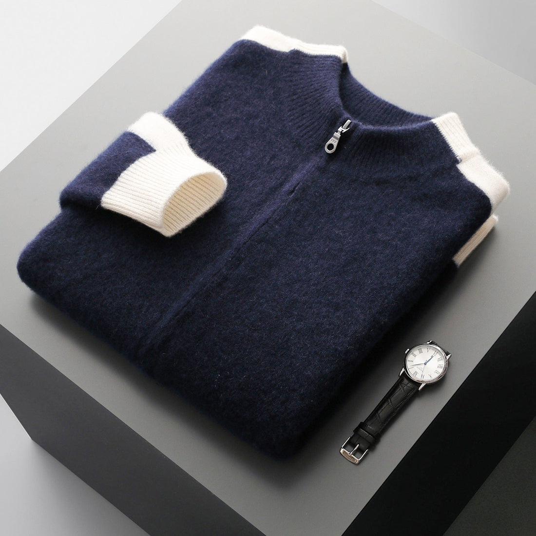 Men's Cardigan - Zip Up Knit Jumper with Colour Block Panels and Ribbed Cuffs