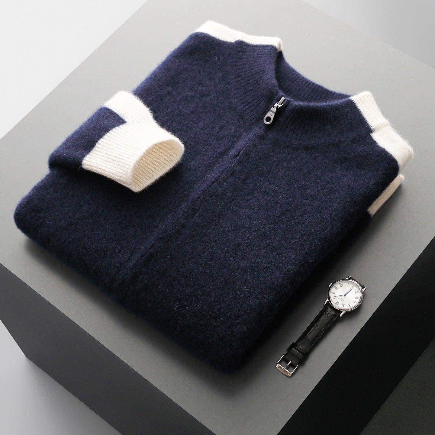 Men's Cardigan - Zip Up Knit Jumper with Colour Block Panels and Ribbed Cuffs