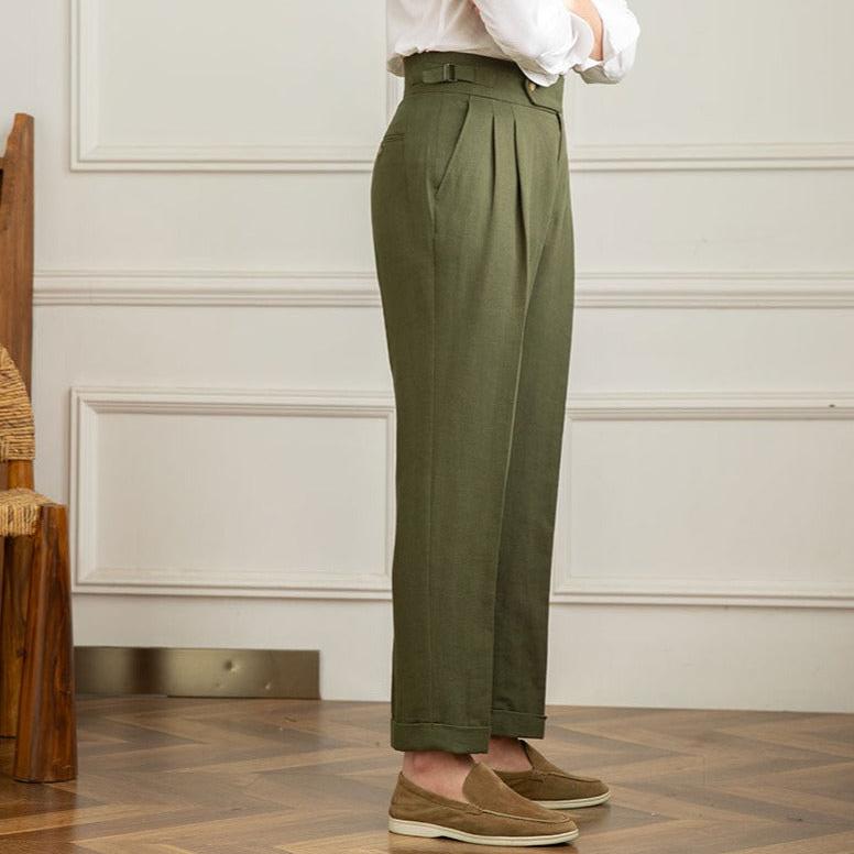 Men’s High-Waisted Pleated Trousers – Italian Style with Elongated Silhouette