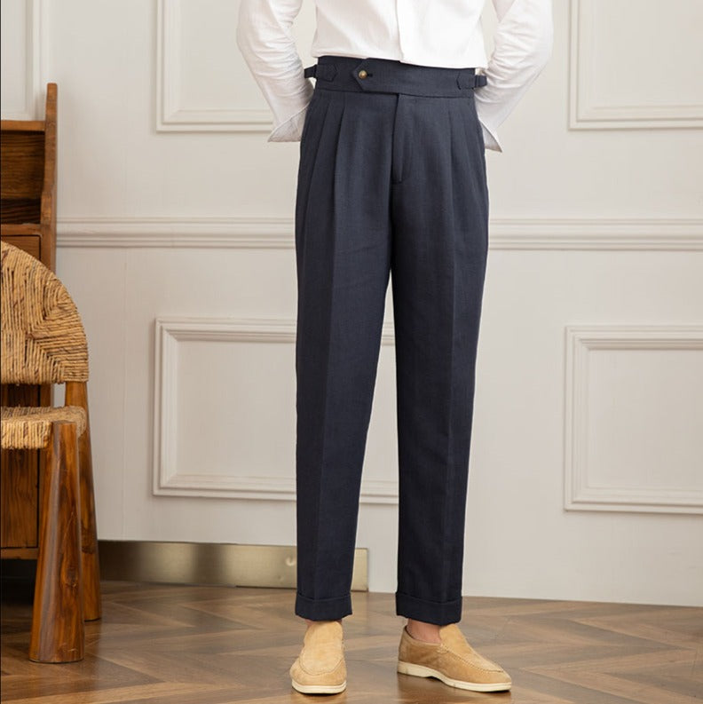 Men’s High-Waisted Pleated Trousers – Italian Style with Elongated Silhouette