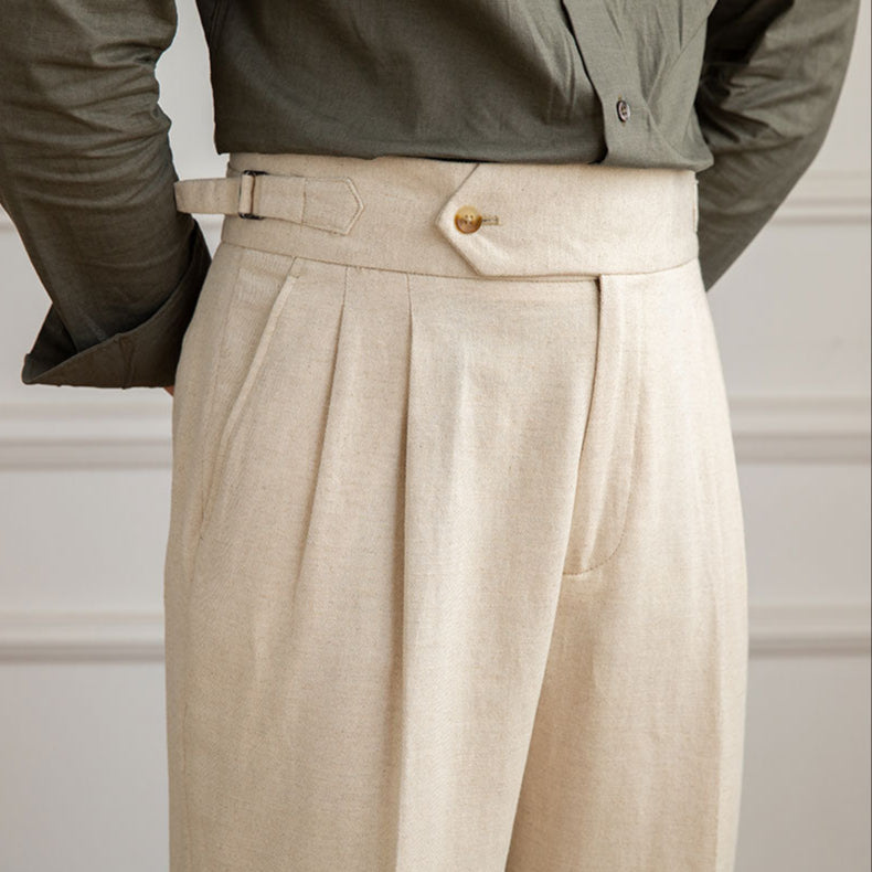 Men’s High-Waisted Pleated Trousers – Italian Style with Elongated Silhouette