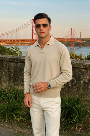 Men's Long Sleeve Polo Jumper - Open Collar - Ribbed Cuff and Hem - Fine Knit Smart Casual Top