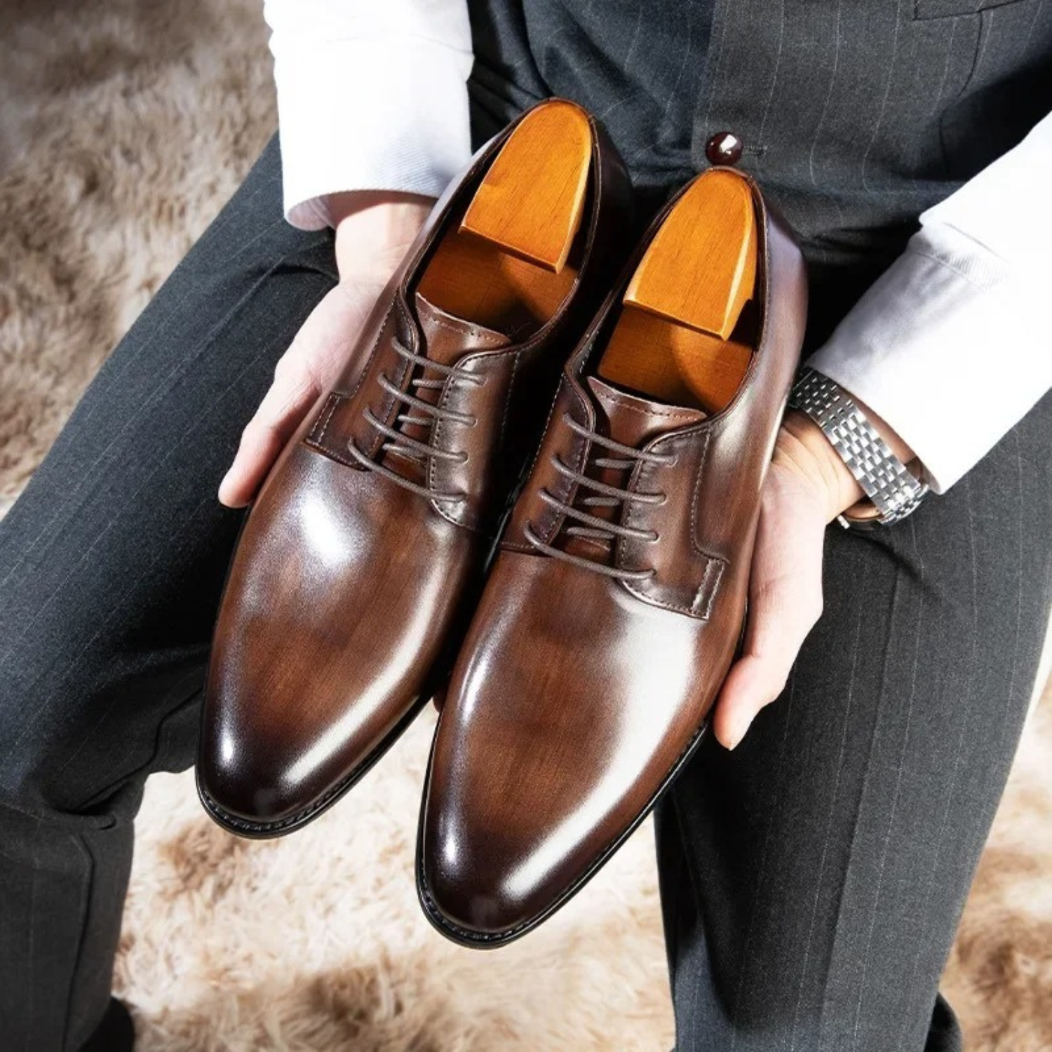 Men's Brown Dress Shoes - Derby Lace-Up Pointed Toe