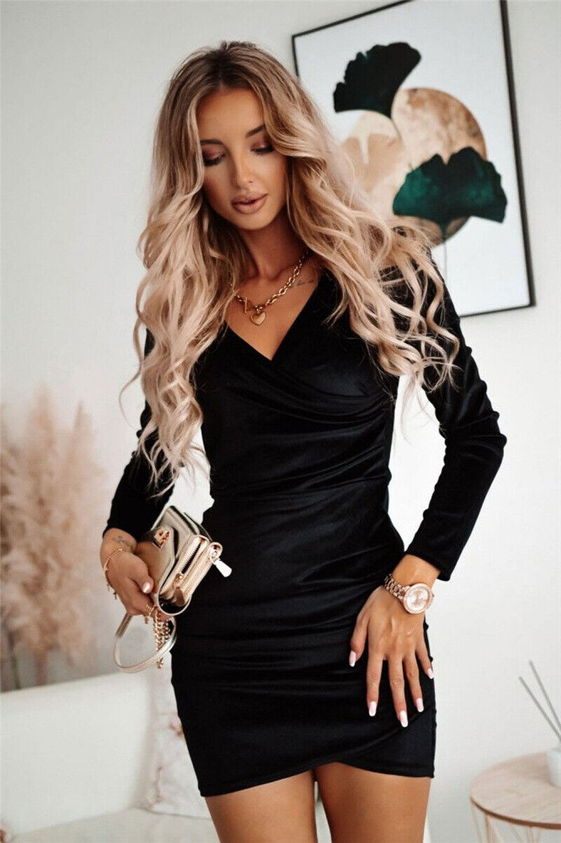 Women's Velvet Wrap Front Mini Dress - Long Sleeve V-Neck