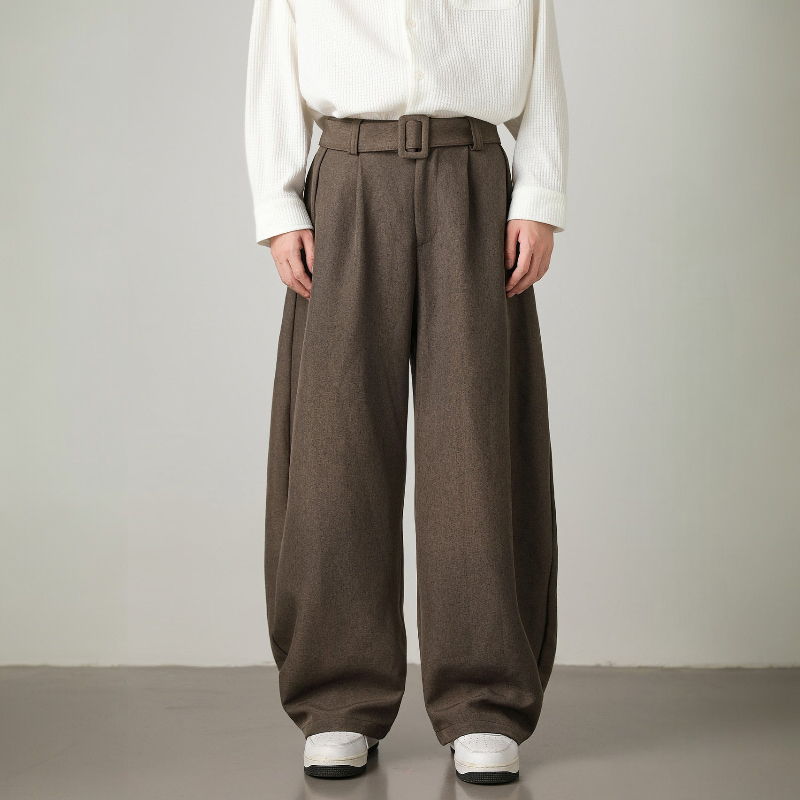 Men's Wide Leg Pants - Pleated Waist with Adjustable Belt and Zip Fly