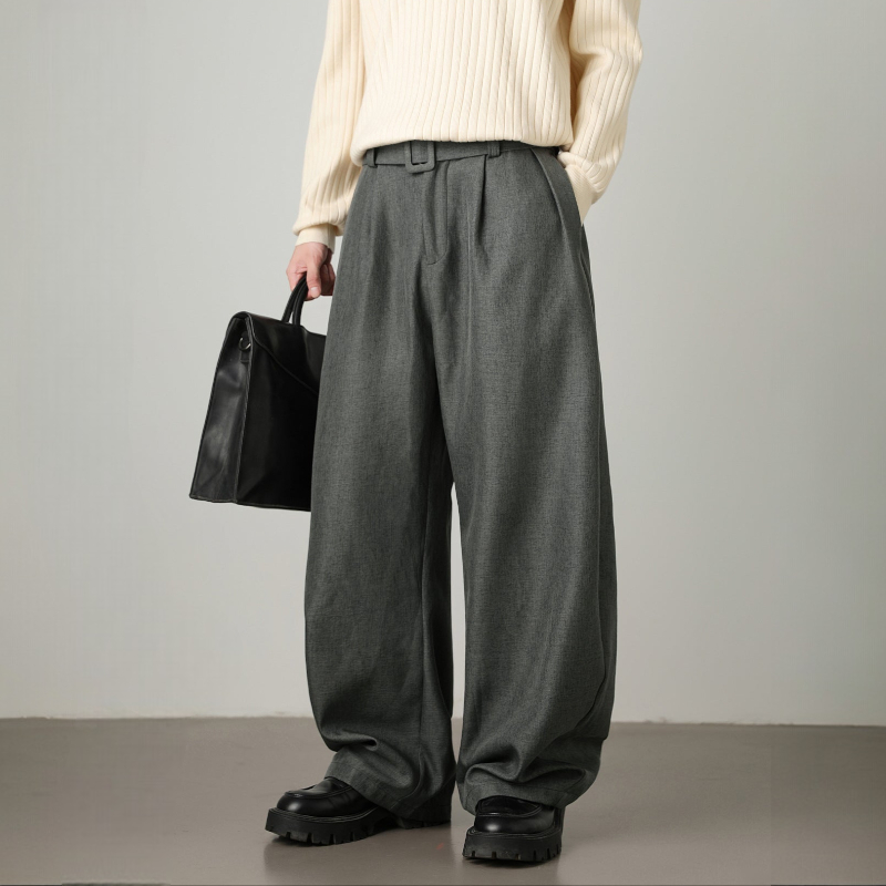 Men's Wide Leg Pants - Pleated Waist with Adjustable Belt and Zip Fly