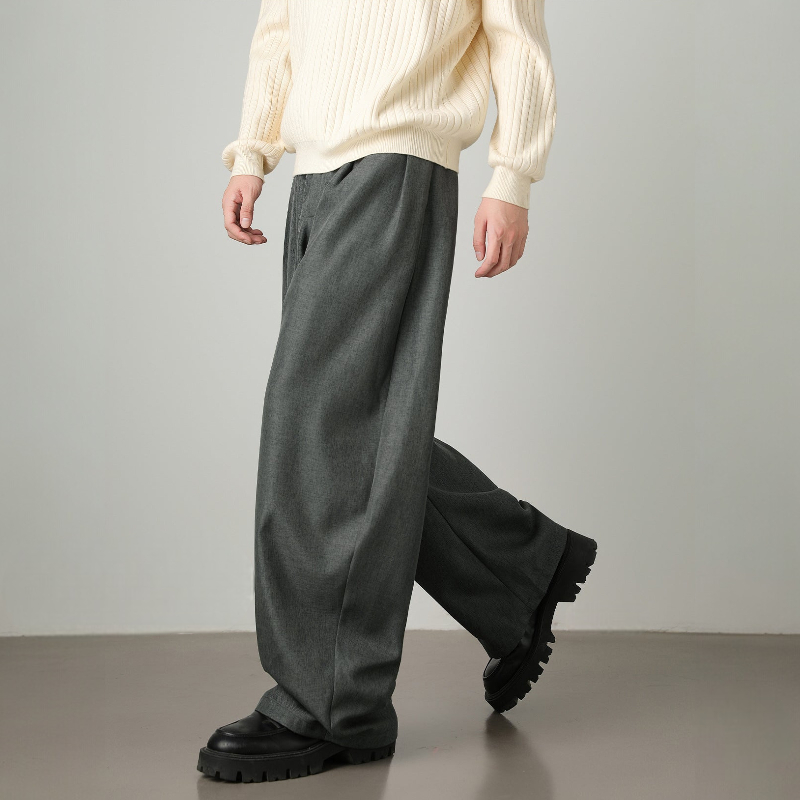 Men's Wide Leg Pants - Pleated Waist with Adjustable Belt and Zip Fly