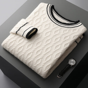 Men's Cable Knit Jumper - Crew Neck Long Sleeve Contrast Trim