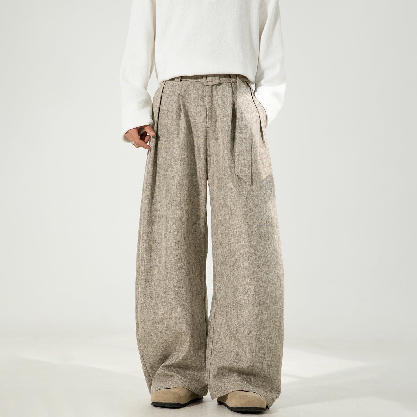 Men's Wide Leg Pants - Pleated Waist with Adjustable Belt and Zip Fly