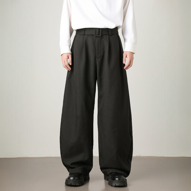 Men's Wide Leg Pants - Pleated Waist with Adjustable Belt and Zip Fly