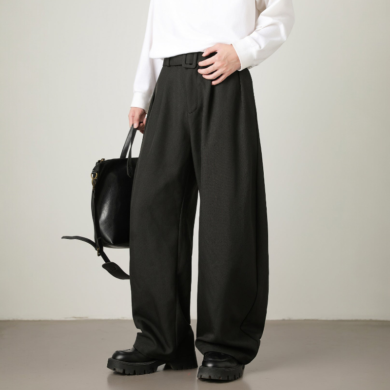 Men's Wide Leg Pants - Pleated Waist with Adjustable Belt and Zip Fly