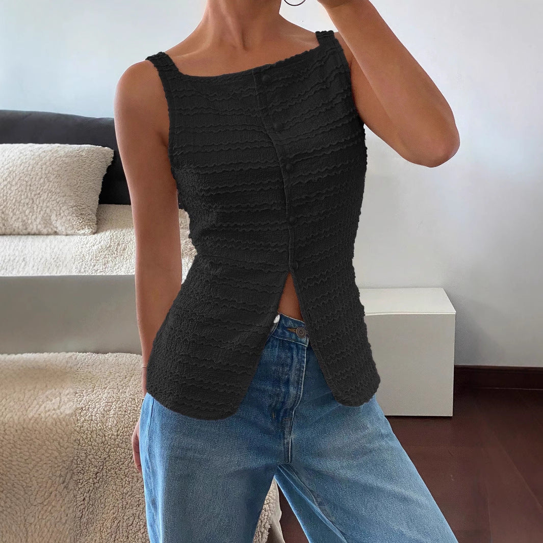 Women's Square Neck Sleeveless Top - Button Front Split Hem