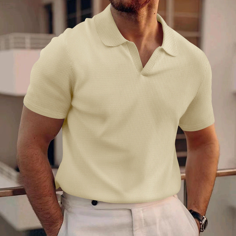 Men's Polo Tees - Short Sleeve Open Collar Waffle Texture Shirt