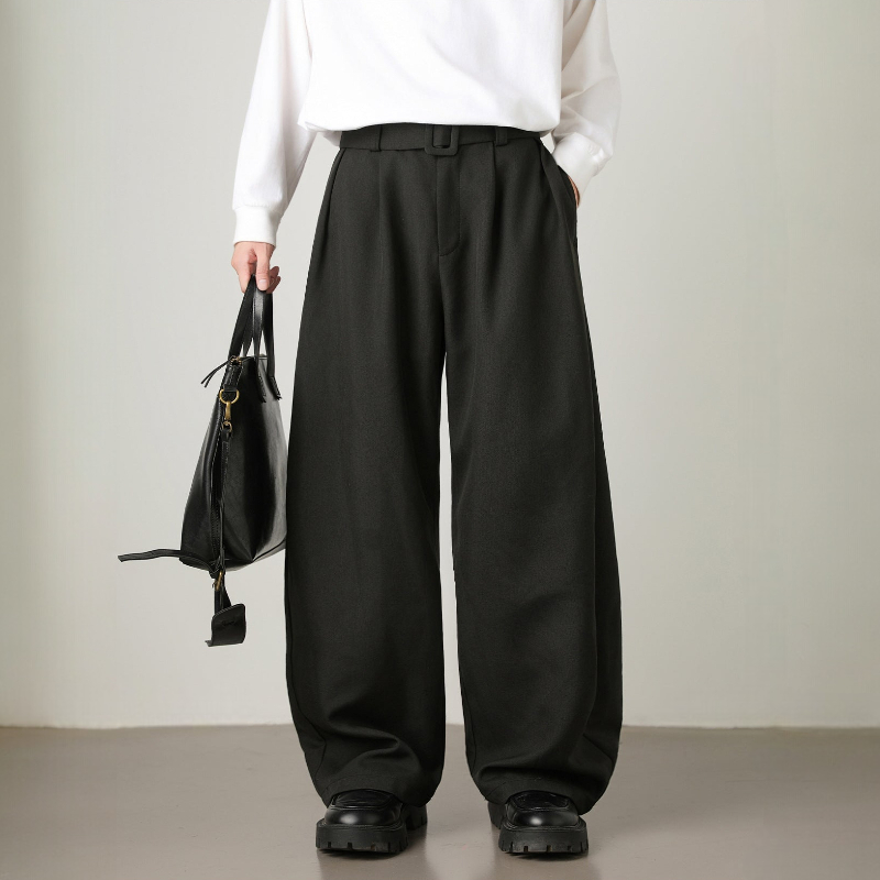 Men's Wide Leg Pants - Pleated Waist with Adjustable Belt and Zip Fly