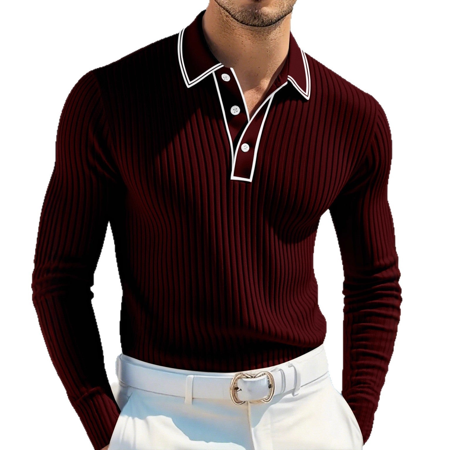 Men's Polo Shirts - Ribbed Knit Contrast Tipped Collar Button Placket