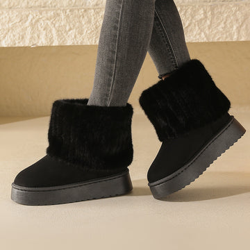 Women’s Faux Fur Ankle Boots with Round Toe and Thick Platform Sole