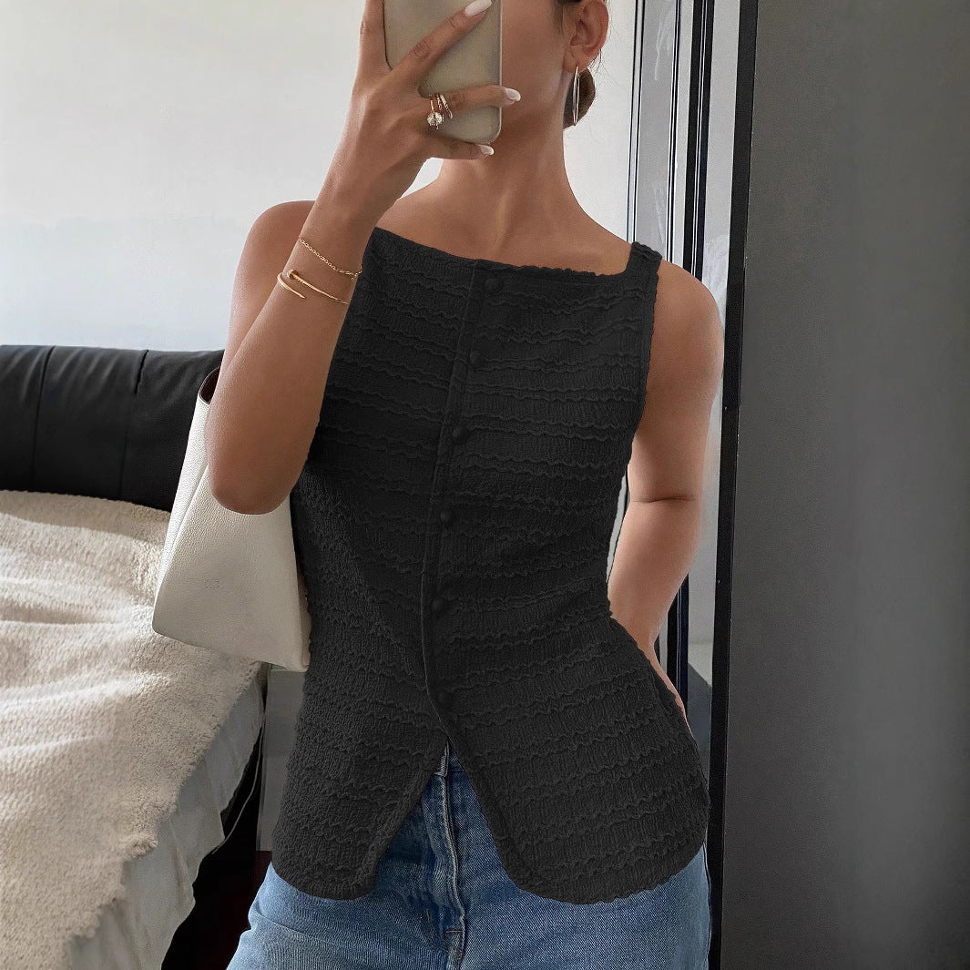 Women's Square Neck Sleeveless Top - Button Front Split Hem