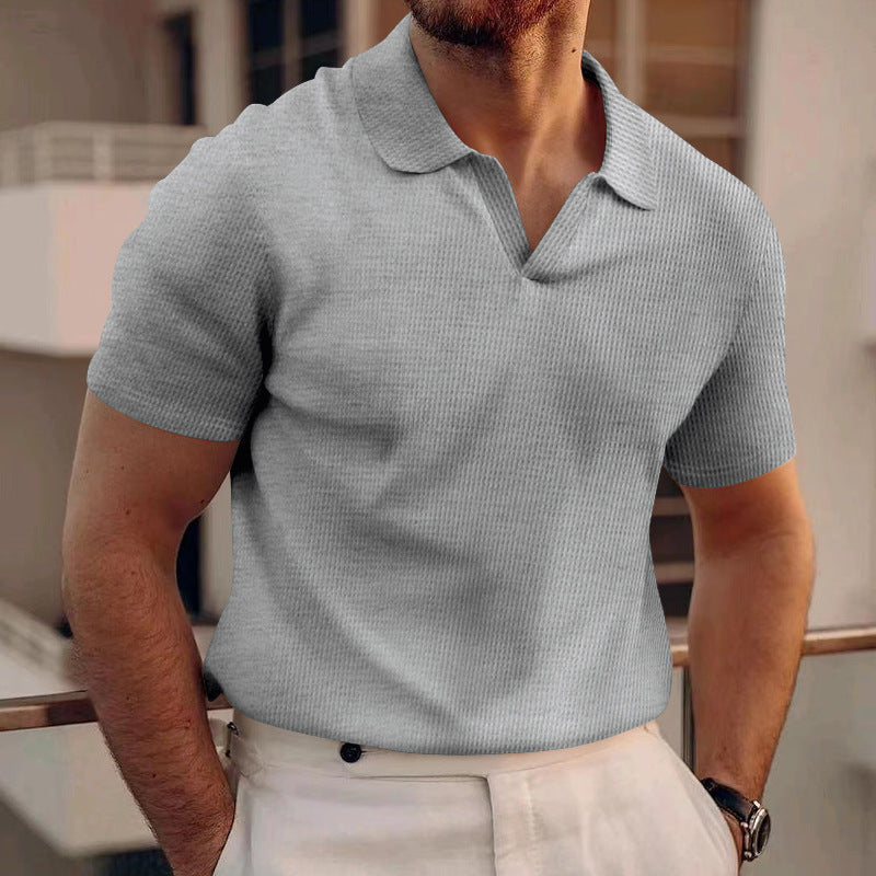 Men's Polo Tees - Short Sleeve Open Collar Waffle Texture Shirt