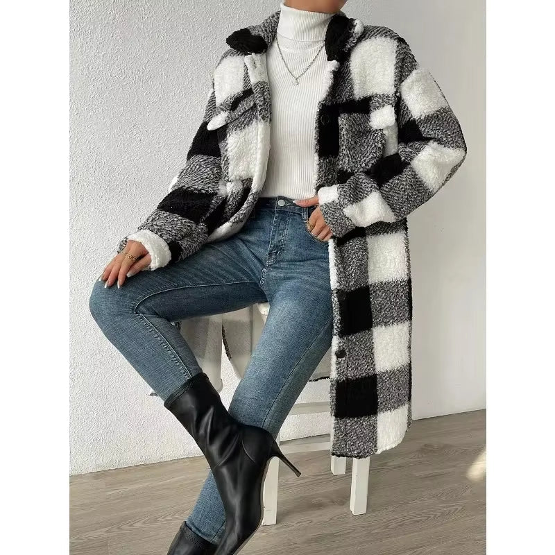 Women's Plaid Longline Coat - Button Up Check Oversized Jacket