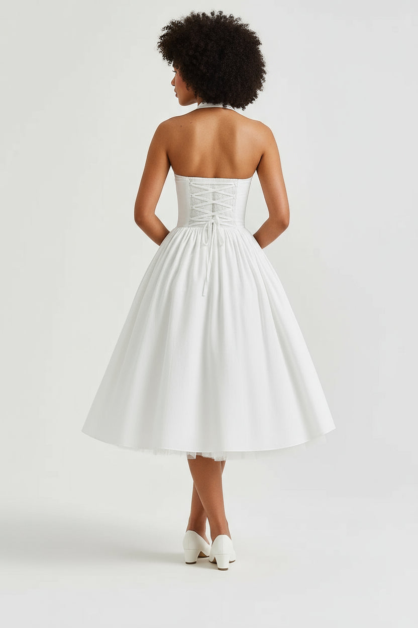 Women's Midi Dress - Halter Neck Corset Bodice A-Line