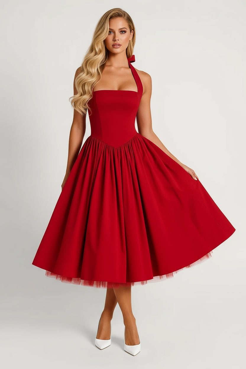 Women's Midi Dress - Halter Neck Corset Bodice A-Line