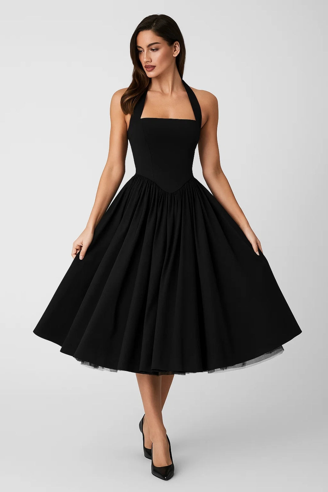 Women's Midi Dress - Halter Neck Corset Bodice A-Line