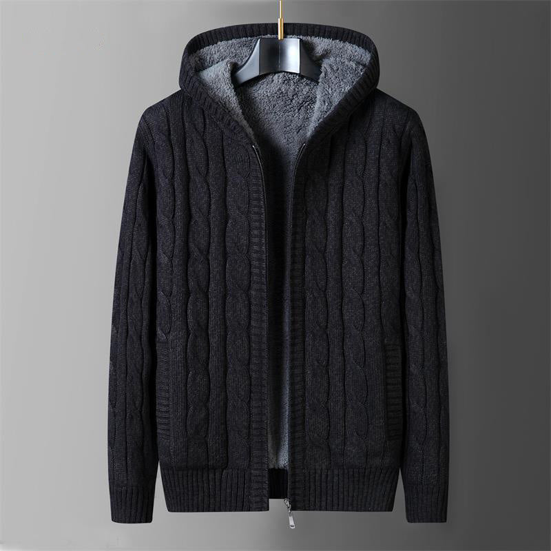 Men’s Hooded Zip Sweater – Knitted Long Sleeve Cardigan with Sherpa Lining