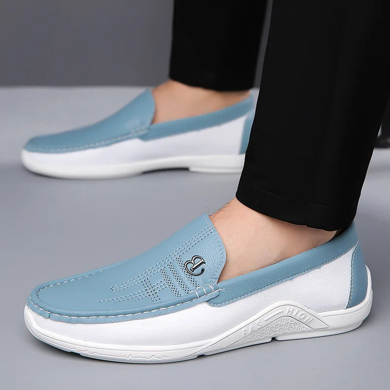 Men's Slip-On Loafers with Contrast Panel - Metal Badge Detail - White Sole - Casual Style