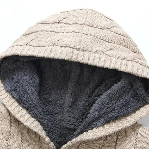 Men’s Hooded Zip Sweater – Knitted Long Sleeve Cardigan with Sherpa Lining