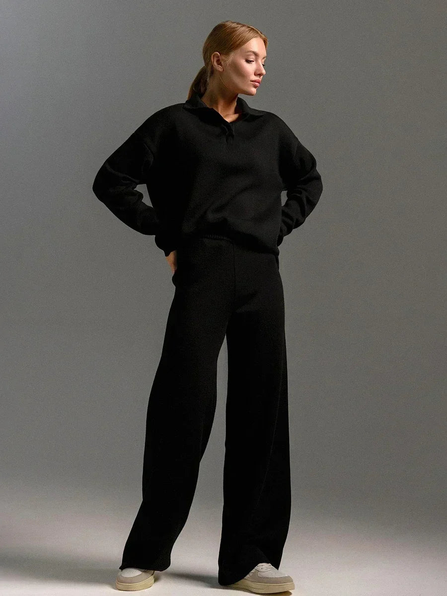 Women’s Collared Knit Lounge Set – Relaxed Pullover & Straight-Leg Trousers