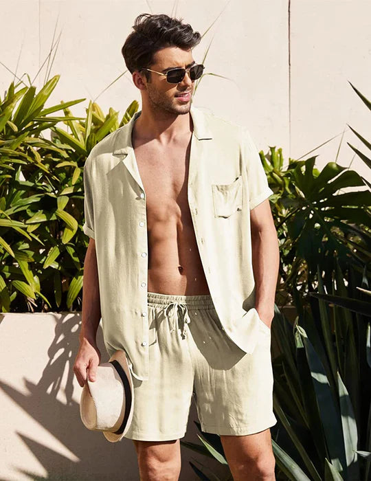 Men's Two Piece Set - Camp Collar Short Sleeve Shirt and Shorts
