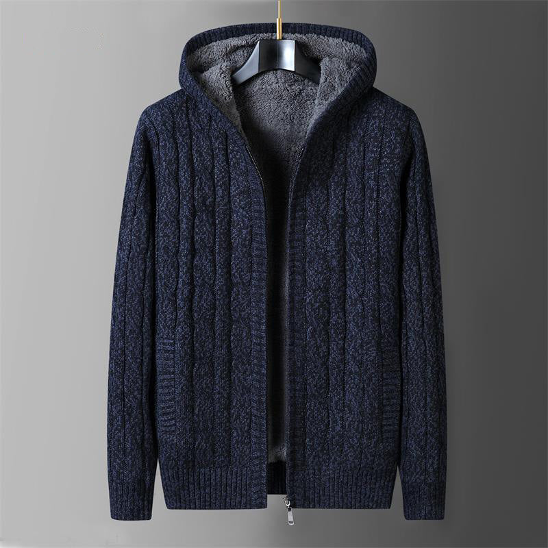Men’s Hooded Zip Sweater – Knitted Long Sleeve Cardigan with Sherpa Lining