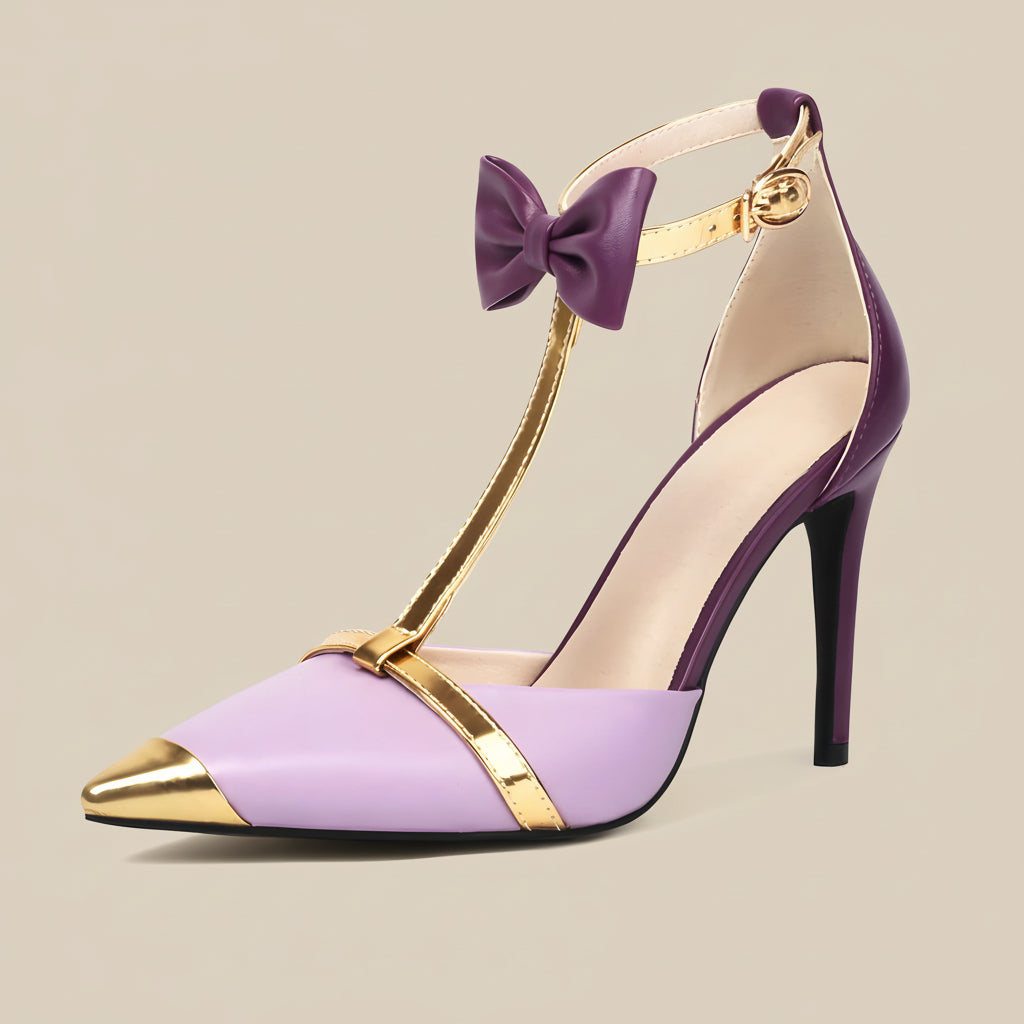 Women’s Pointed Toe Stiletto Heels – Bow T-Strap with Gold Cap Detail
