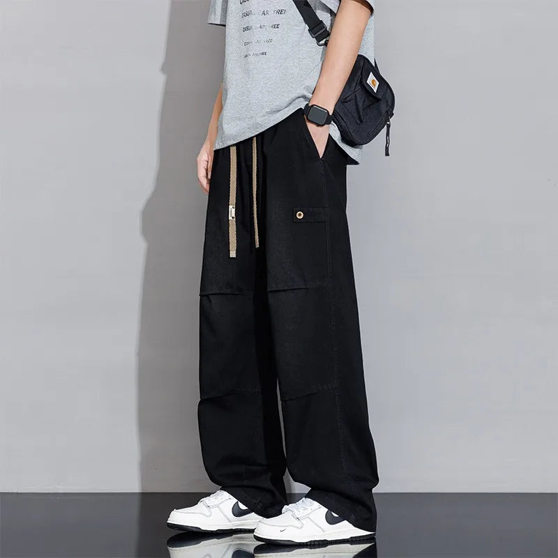 Men's Wide Leg Cargo Pants - Elasticated Waist - Drawstring