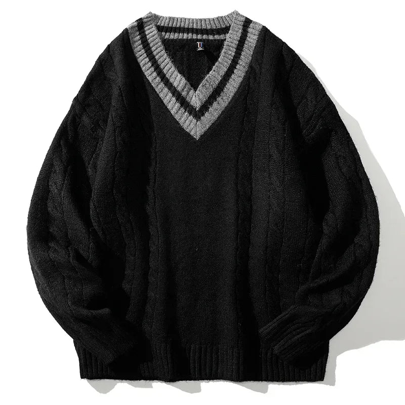 Men's Cable Knit Sweater - V-Neck Pullover with Contrast Stripe Tipping Detail