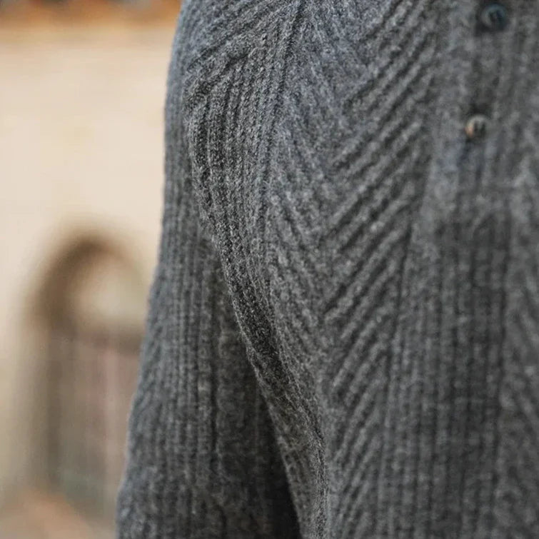 Men’s Knitted Polo Sweater with Button Placket - Long Sleeve Textured Knit Top