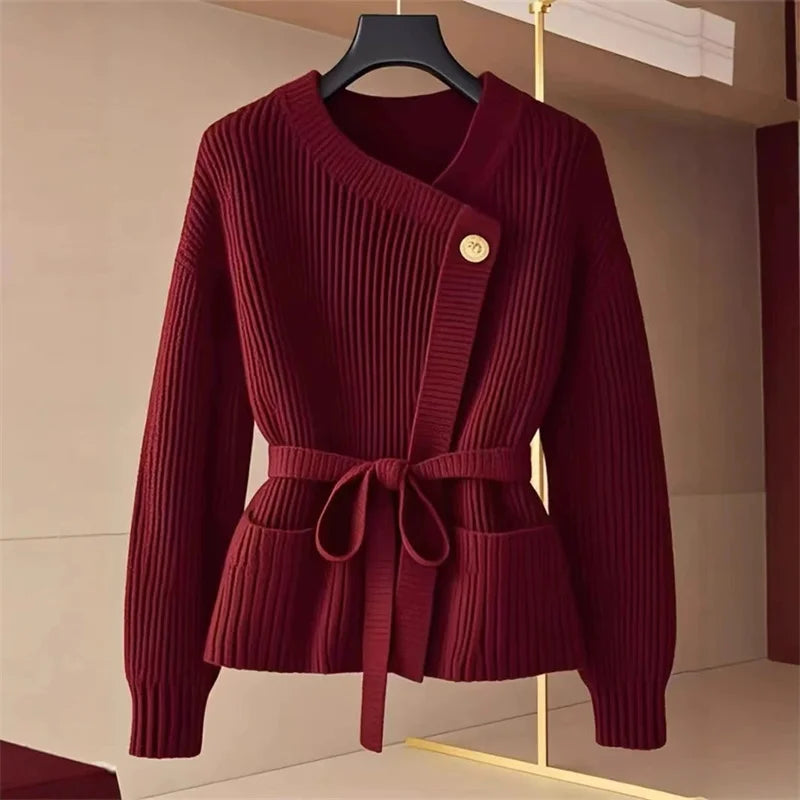 Women's Knit Jumper - Asymmetric Neckline with Gold Button Detail and Self-Tie Waist Belt