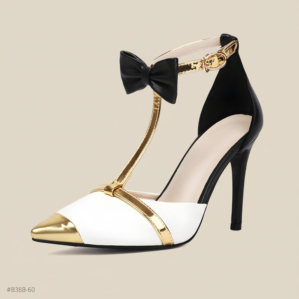 Women’s Pointed Toe Stiletto Heels – Bow T-Strap with Gold Cap Detail