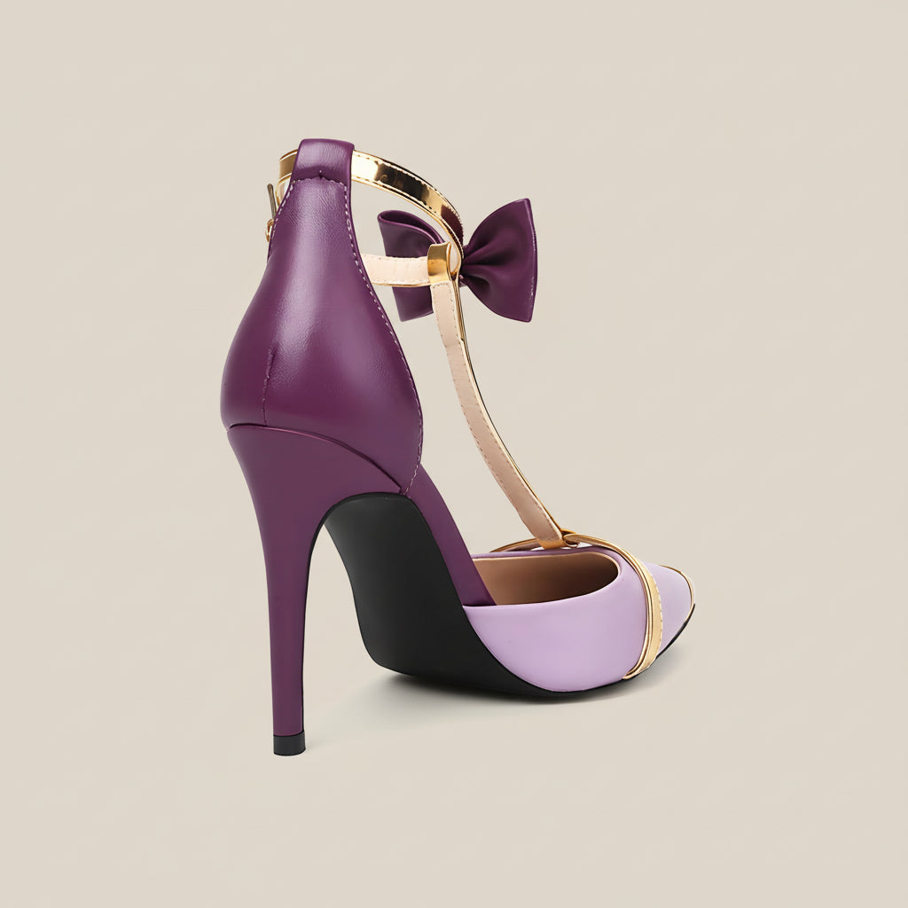 Women’s Pointed Toe Stiletto Heels – Bow T-Strap with Gold Cap Detail