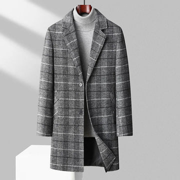 Men’s Mid Length Plaid Coat – Button Front Business Casual Overcoat with Notched Lapel
