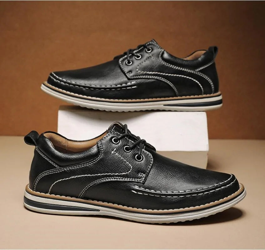 Men's Genuine Leather Lace Up Casual Shoes - Contrast Stitch - Layered Sole